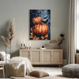 Stylized Halloween Pumpkins with Bats Decorative Art Poster