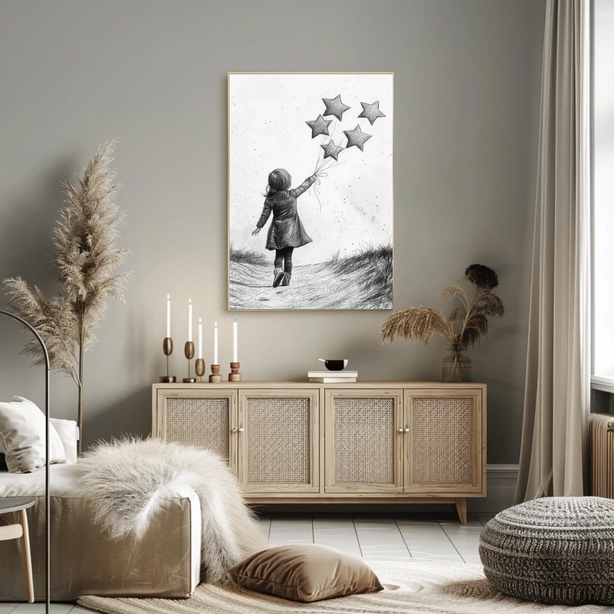 Child Releasing Star Balloons Black And White Sketch Poster