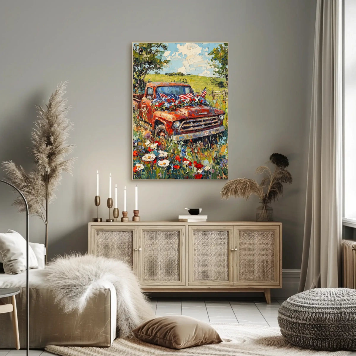 Vintage Red Pickup Truck Retro Car Decor Wall Art Poster