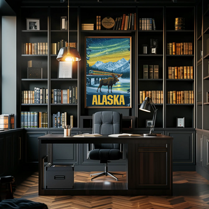 Alaska Vintage Poster - Moose and Northern Lights