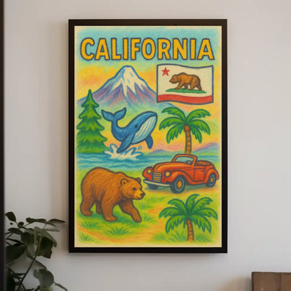 California Bear Whale Redwood Vintage Travel Poster