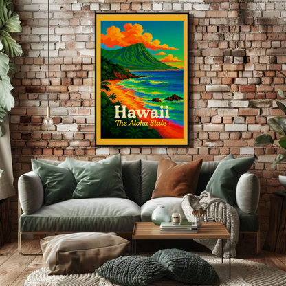Hawaii Aloha State Colorful Coastline Travel Poster