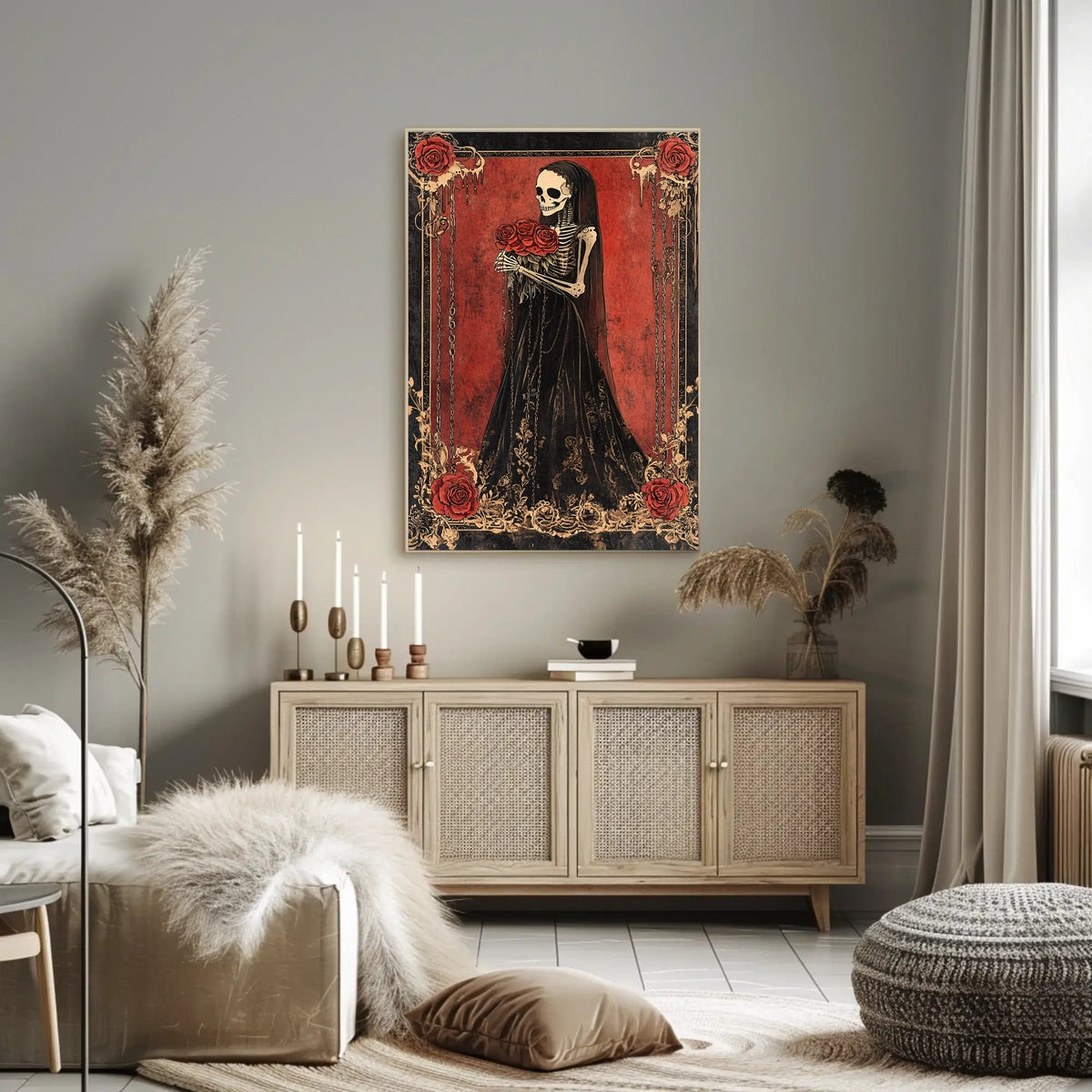 Skeletal Figure Red Roses Cultural or Heritage Poster