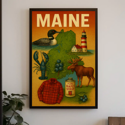 Maine State Symbols Moose Maple Lighthouse Poster