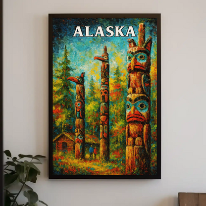 Alaska Totem Poles Native Heritage Forest Travel Poster