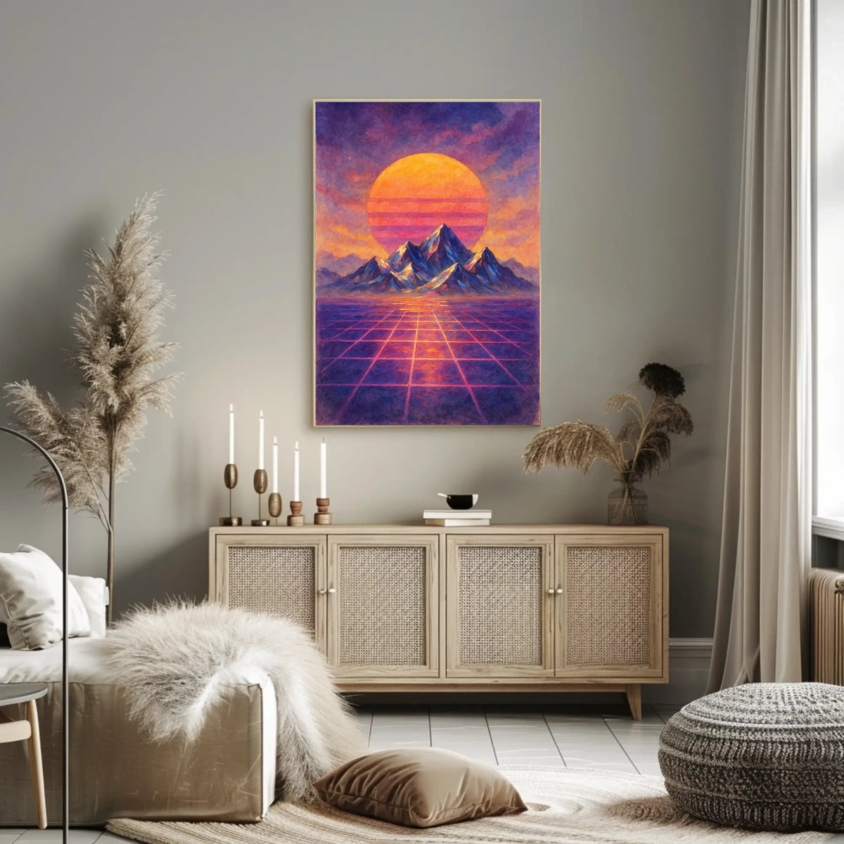 Vibrant Retro-Futuristic Sunset Over Mountains Futuristic Sci-Fi Poster