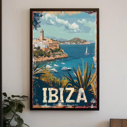 Ibiza Cliffside Town and Sailing Bay Travel Poster