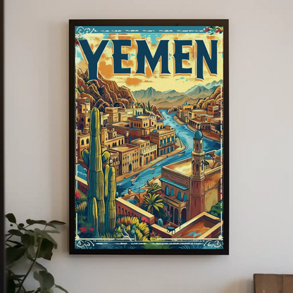 Yemen Traditional Architecture River Valley Travel Poster
