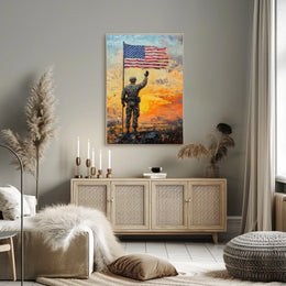 soldier saluting the American flag at sunrise Poster