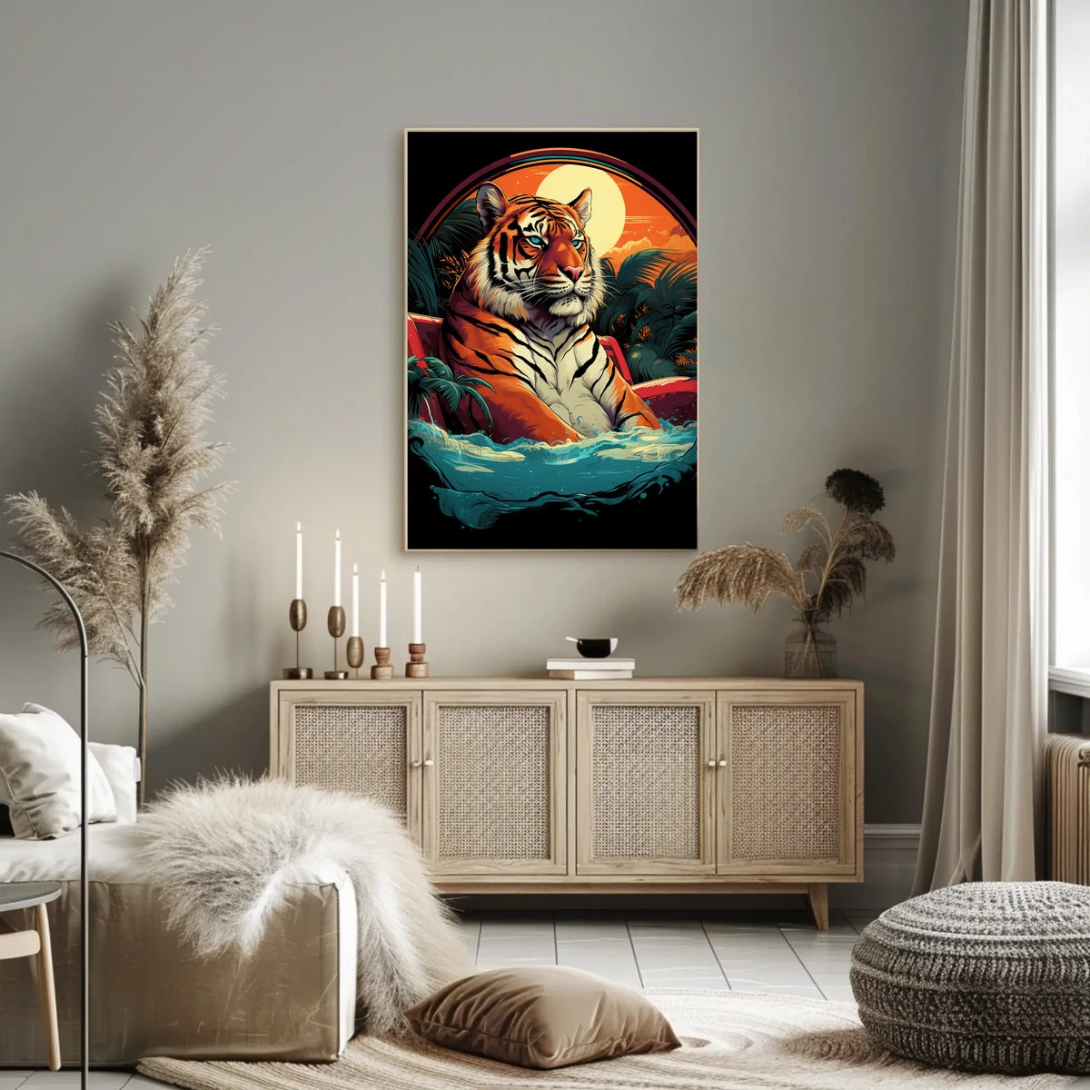 Tiger Majestically Lounging Amid Vivid Tropical Plants Animal Poster