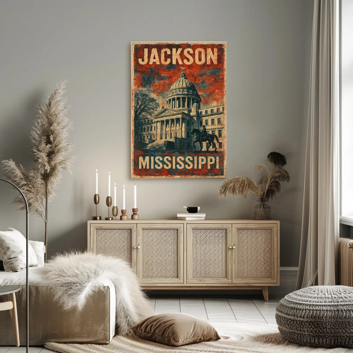 Jackson Mississippi Vintage Patriotic Architecture Capitol Building Heritage Horse Statue Eighties Typography Poster