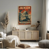 Jackson Mississippi Vintage Patriotic Architecture Capitol Building Heritage Horse Statue Eighties Typography Poster
