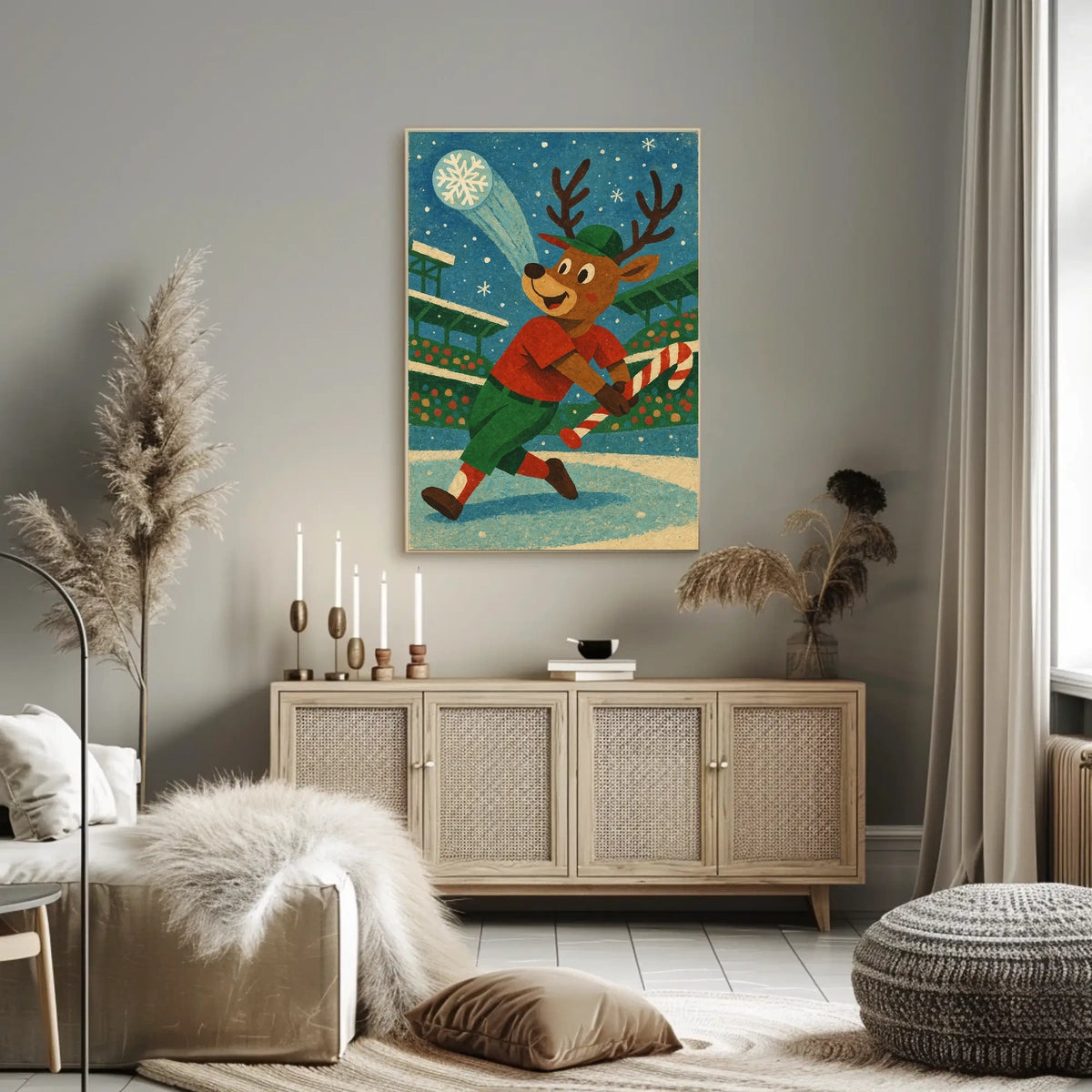 Whimsical Reindeer Baseball Holiday Poster Vintage Style