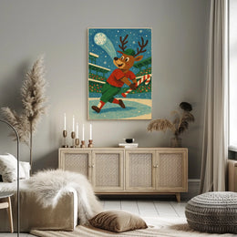 Whimsical Reindeer Baseball Holiday Poster Vintage Style