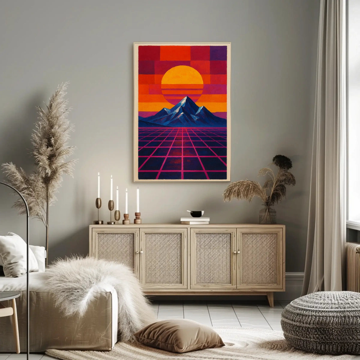 Retro-Futuristic Sunrise on Geometric Sci-Fi Landscape Poster