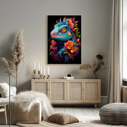 Vibrant Iguana With Roses Poster