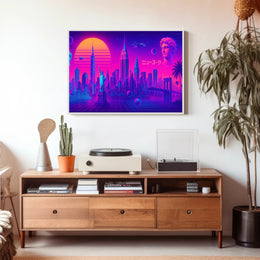New York Neon City Skyline Dreamscape Poster Retro Wall Art