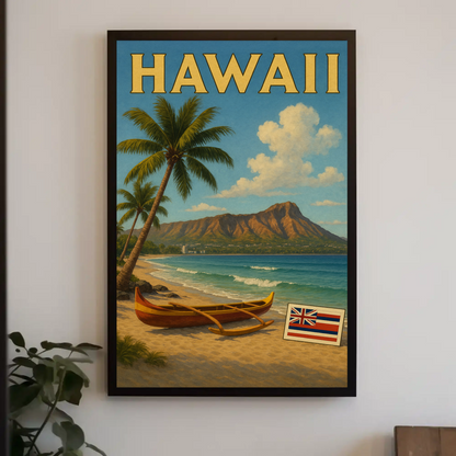 Hawaii Canoe Flag Diamond Head Ocean View Travel Poster