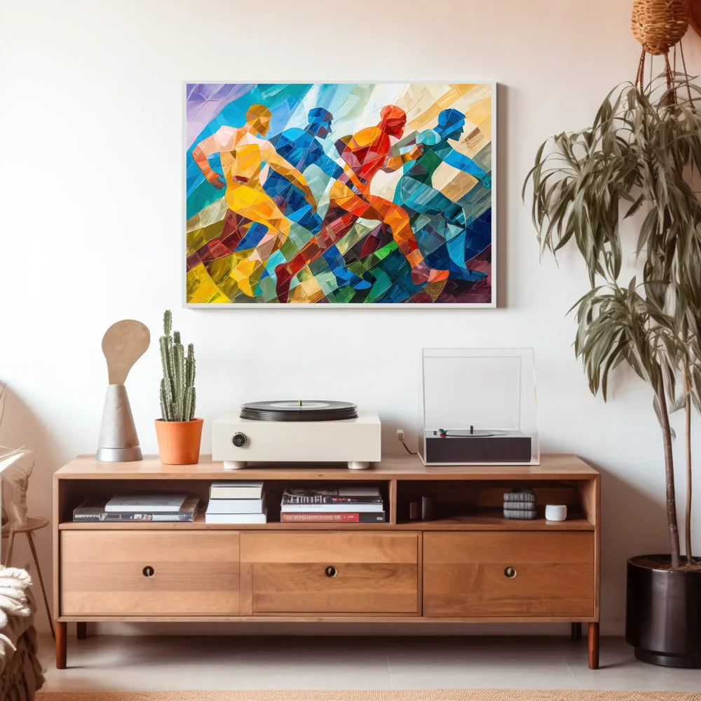 Dynamic Abstract Athletes: Vibrant Geometric Art Poster