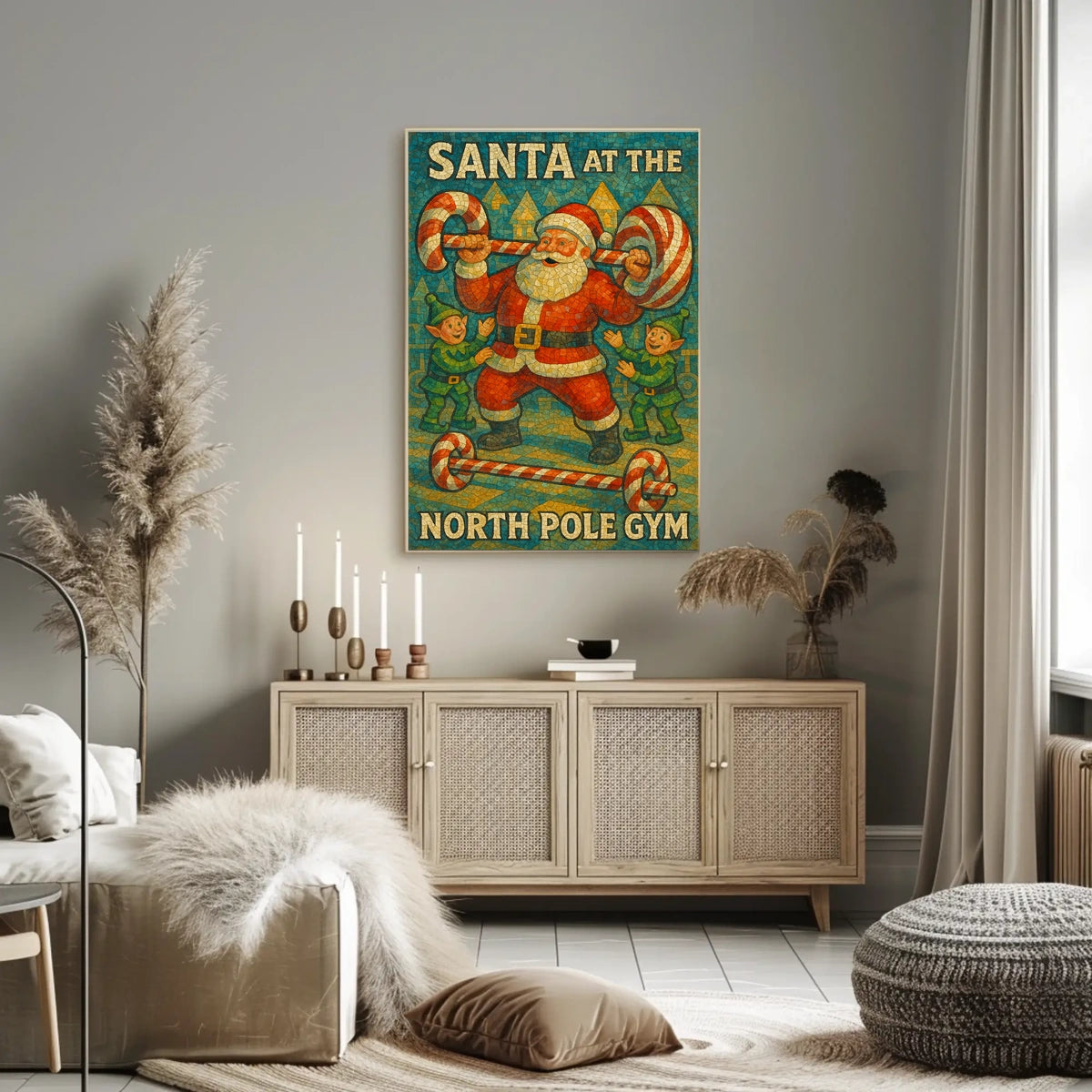 Santa Claus Lifting Candy Cane Barbell Poster