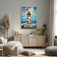 Lighthouse By The Ocean With American Flags Poster