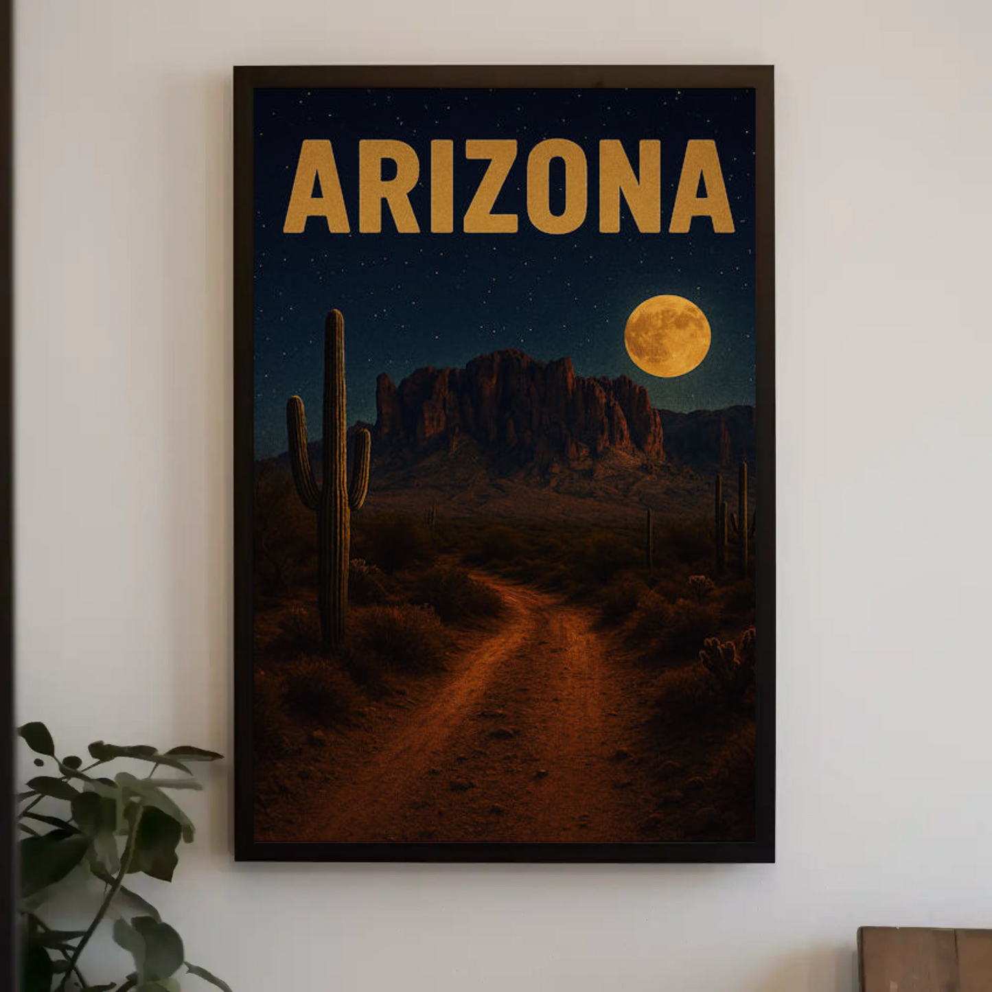 Arizona Desert Moonlight Pathway With Cactus Travel Poster