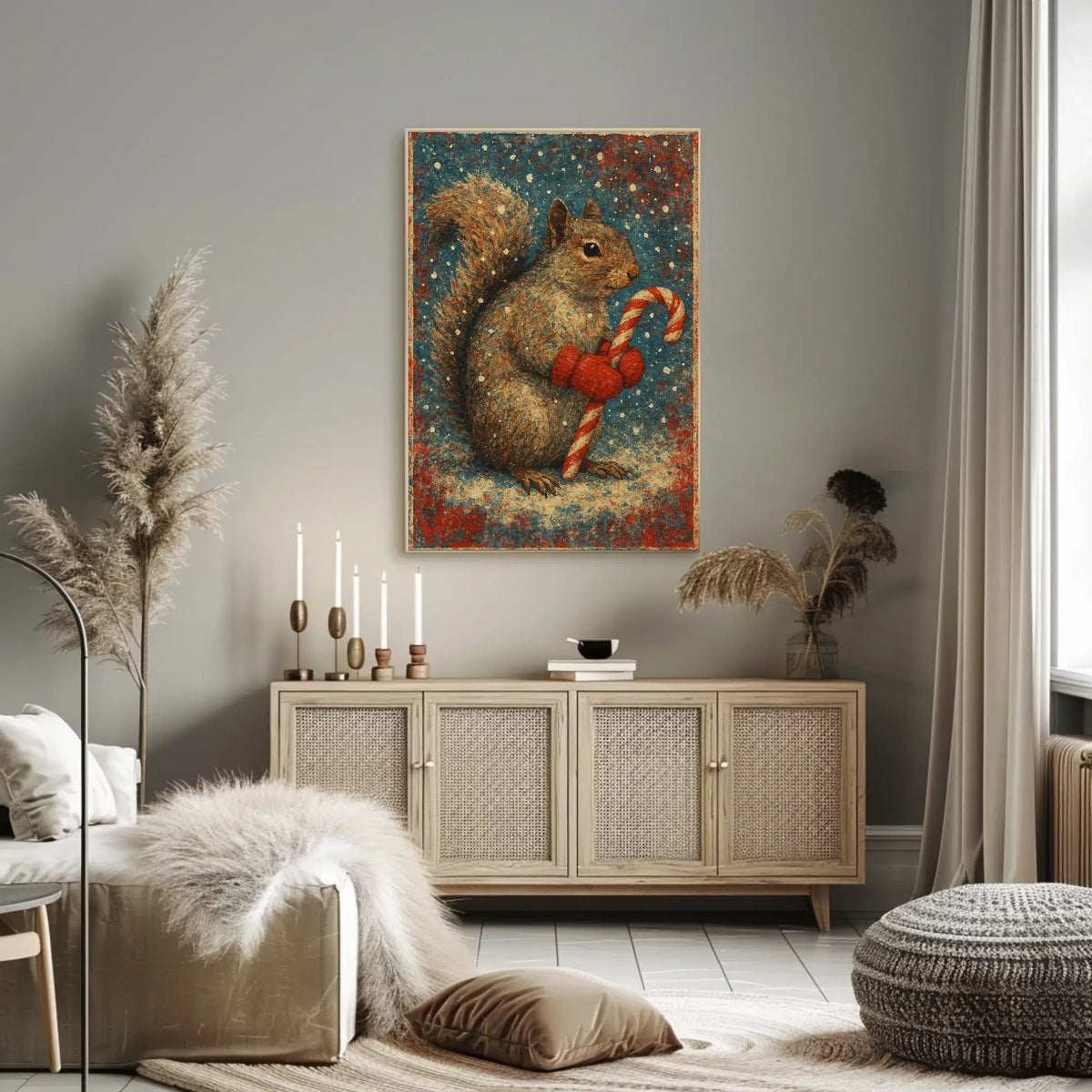 Winter Squirrel with Candy Cane Poster