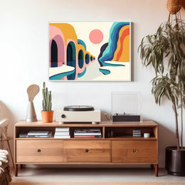 Vibrant Abstract Landscape Poster with Surreal Caves