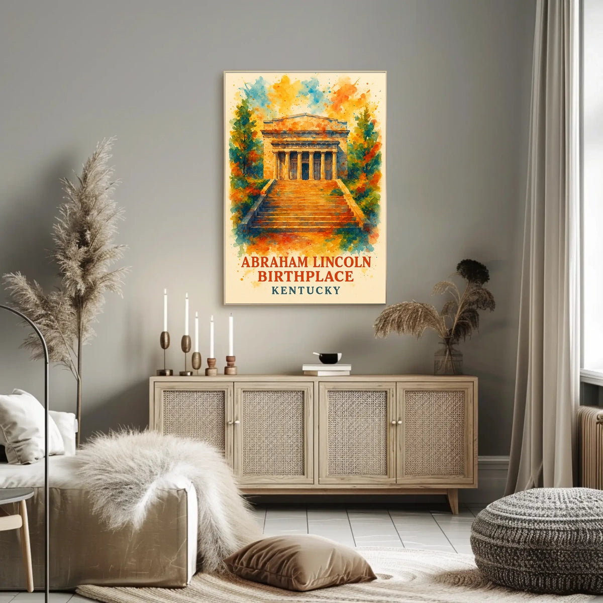 This poster features a depiction of the Abraham Lincoln Birthplace, located in Kentucky. Travel Poster