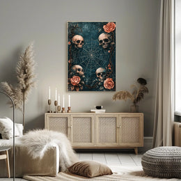 The poster has a gothic and macabre theme, featuring four human skulls arranged Travel Poster