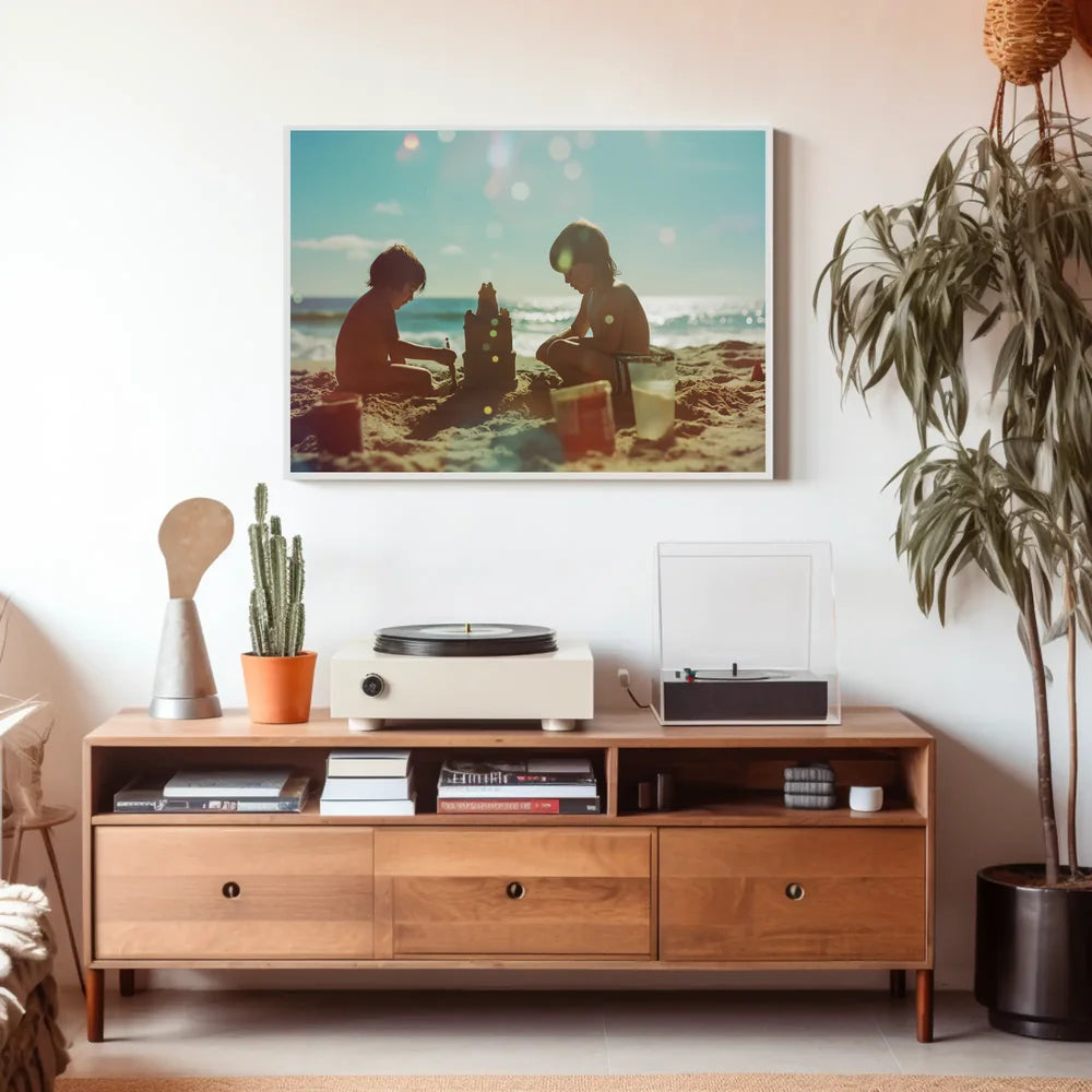 Serene Beach Scene: Children Building Sandcastle Poster