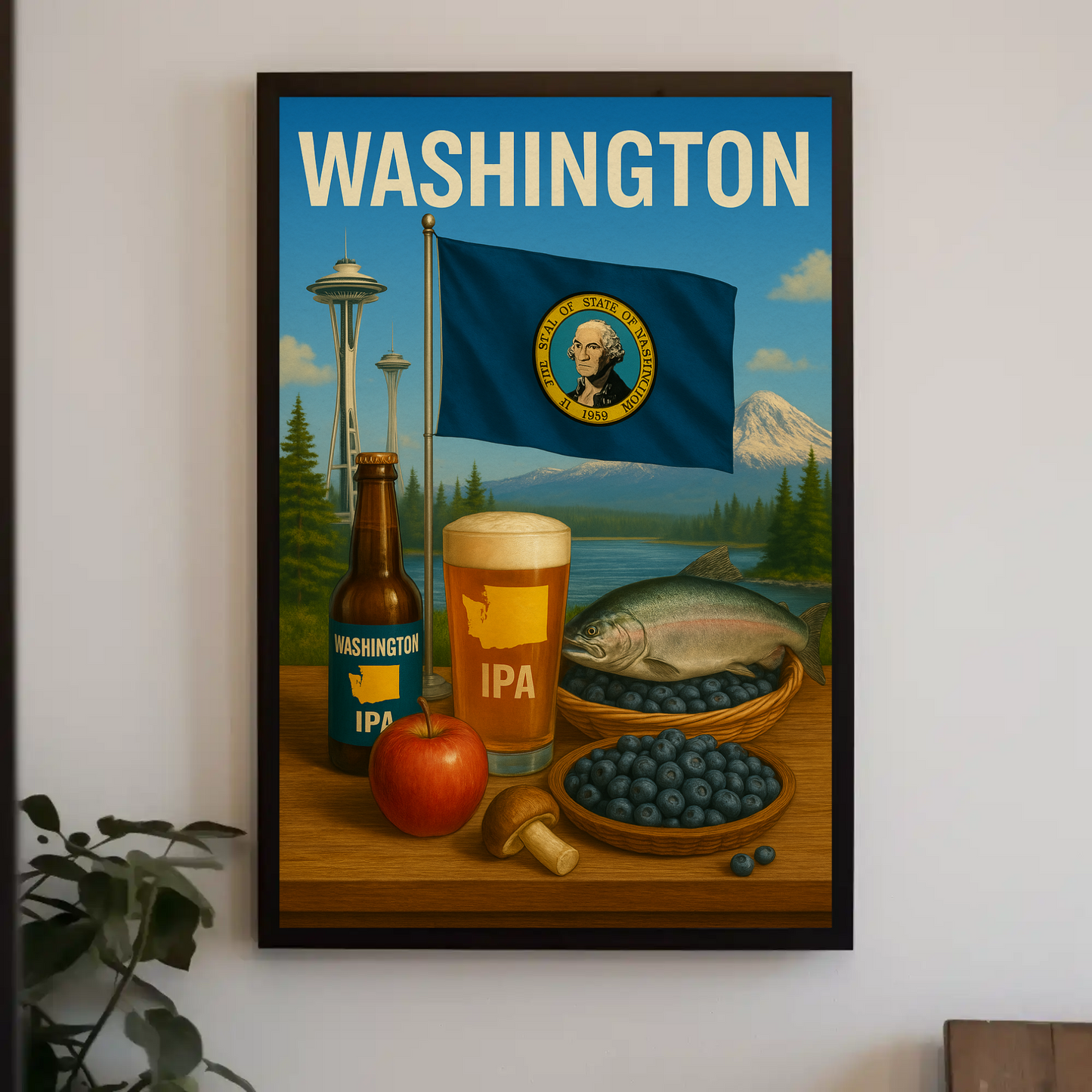 Washington IPA Salmon Space Needle Travel Poster