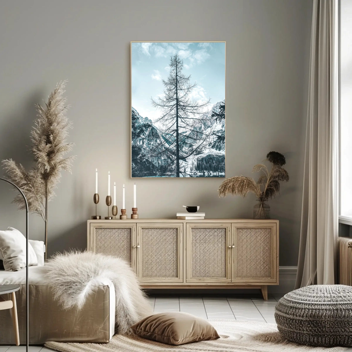 Majestic Winter Tree Against Mountain Landscape Poster