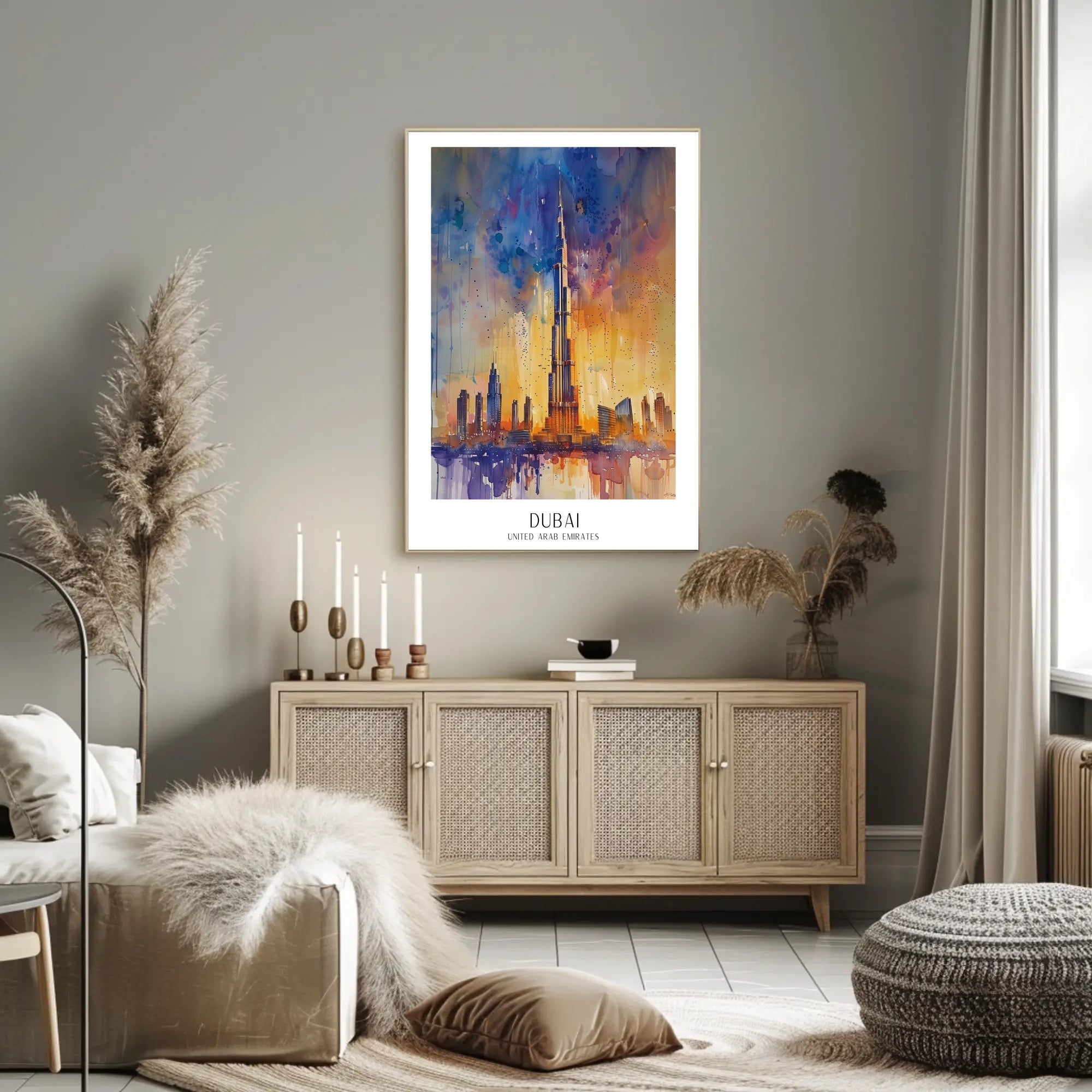 Dubai Skyline Modern Abstract Watercolor Urban or Cityscape Poster PosterGoat