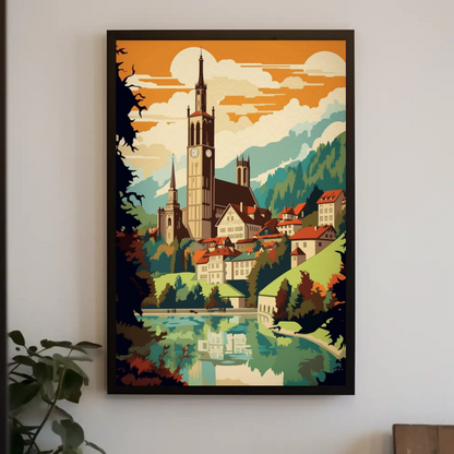 Alpine Village Church Tower Mountain View Travel Poster
