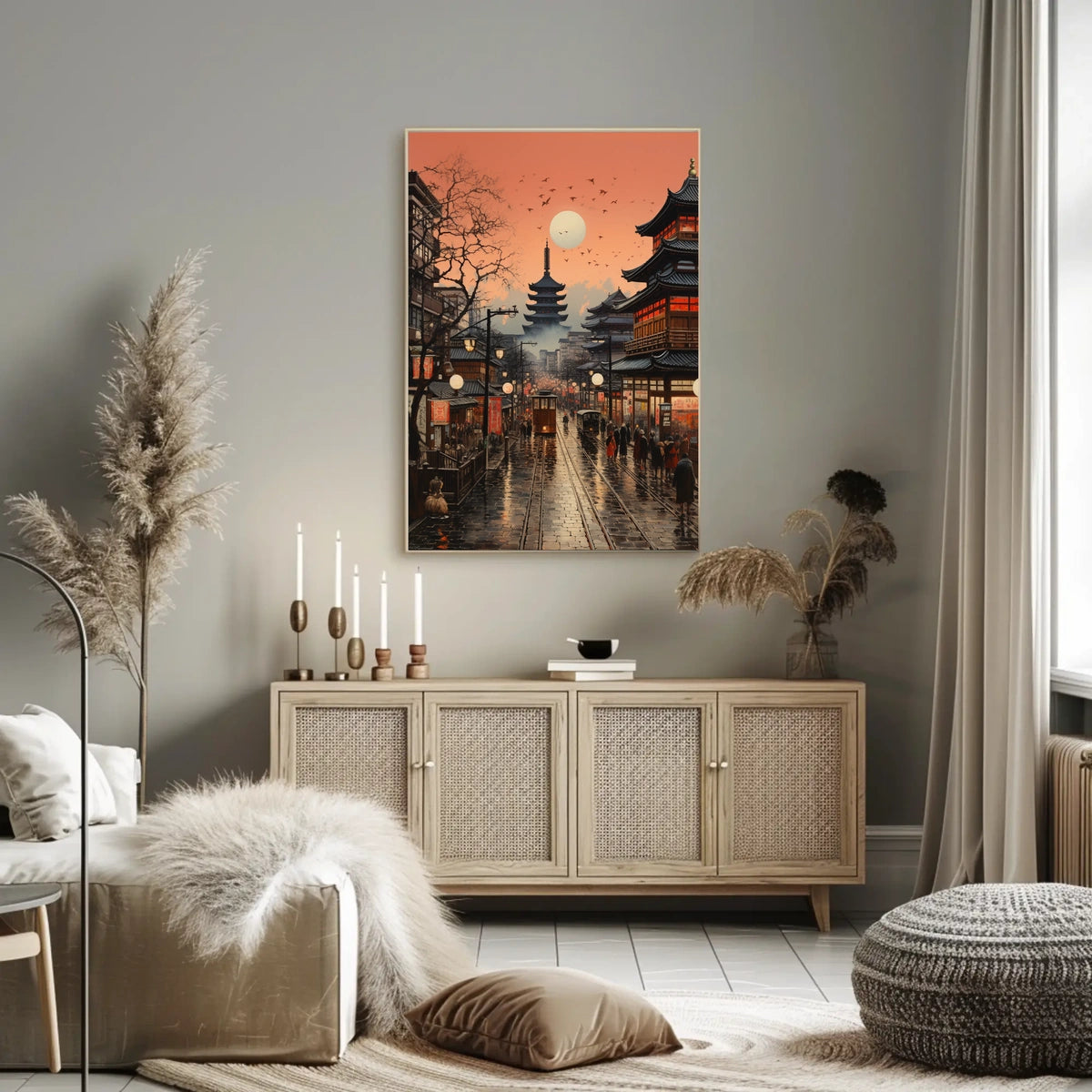 Vibrant Japanese Cityscape Sunset with Pagoda Cultural Poster