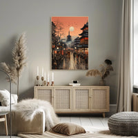 Vibrant Japanese Cityscape Sunset with Pagoda Cultural Poster