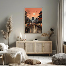 Vibrant Japanese Cityscape Sunset with Pagoda Cultural Poster