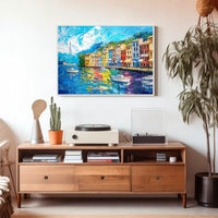 Mediterranean Coastal Town Vibrant Harbor Scene Poster