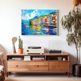 Mediterranean Coastal Town Vibrant Harbor Scene Poster