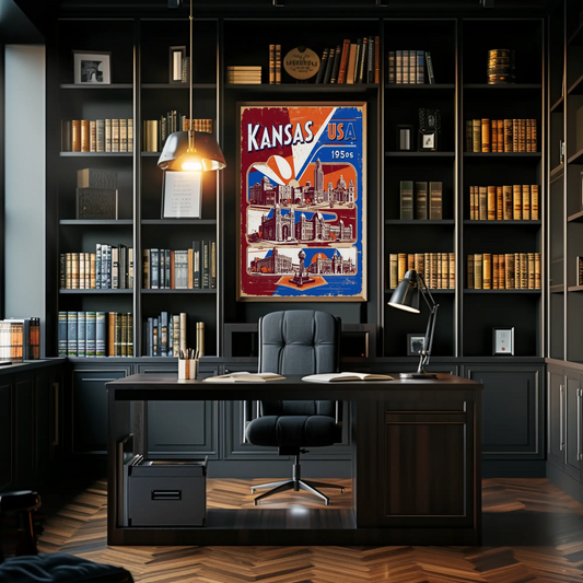 Kansas USA 1950s Grand Structures Vintage Maroon Travel Poster