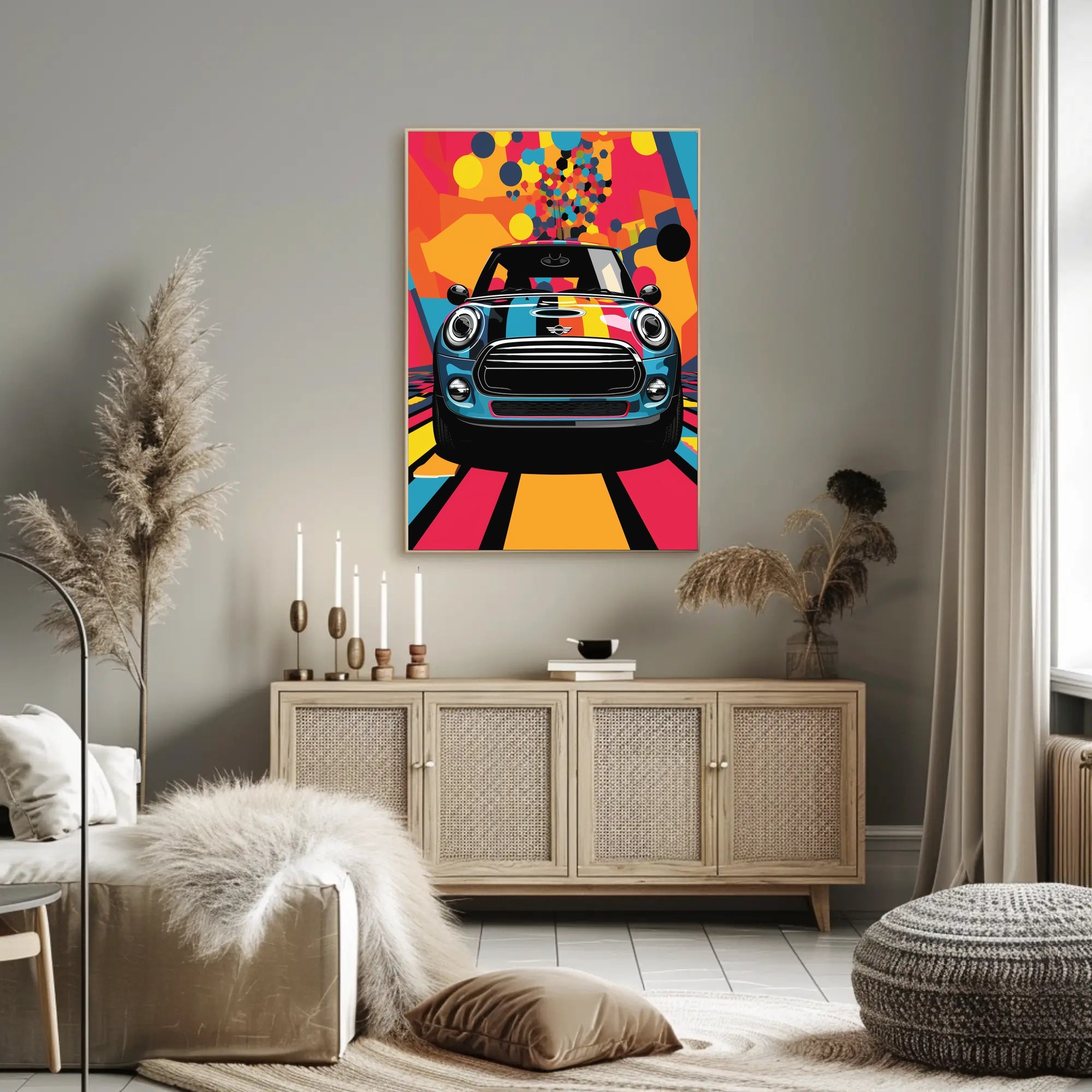 Mini Car Pop Art Poster: Vibrant Geometric Design
