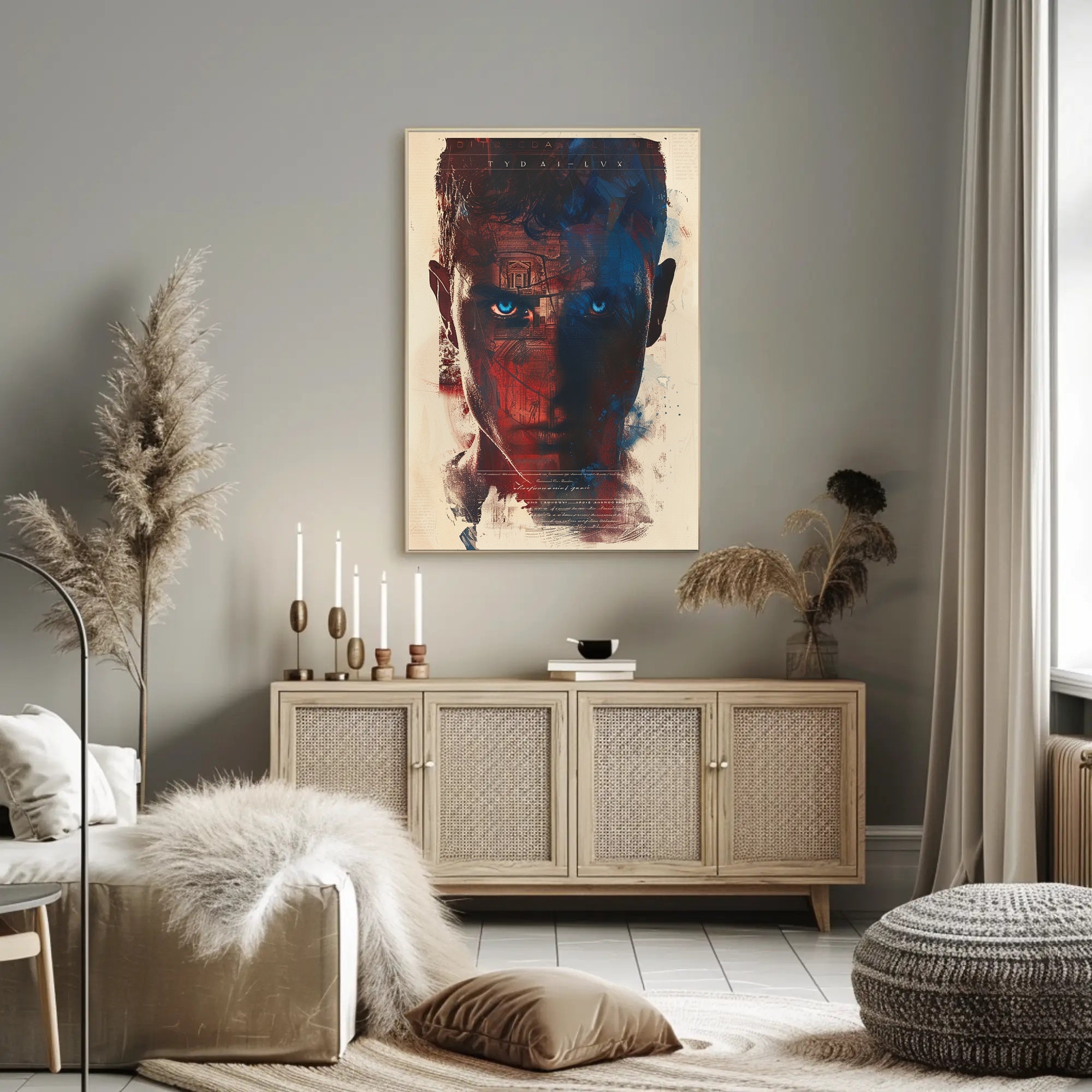 Menacing Creature in Fiery Dystopian Landscape Poster PosterGoat