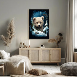 Adorable Bear Cub in Winter Forest Poster
