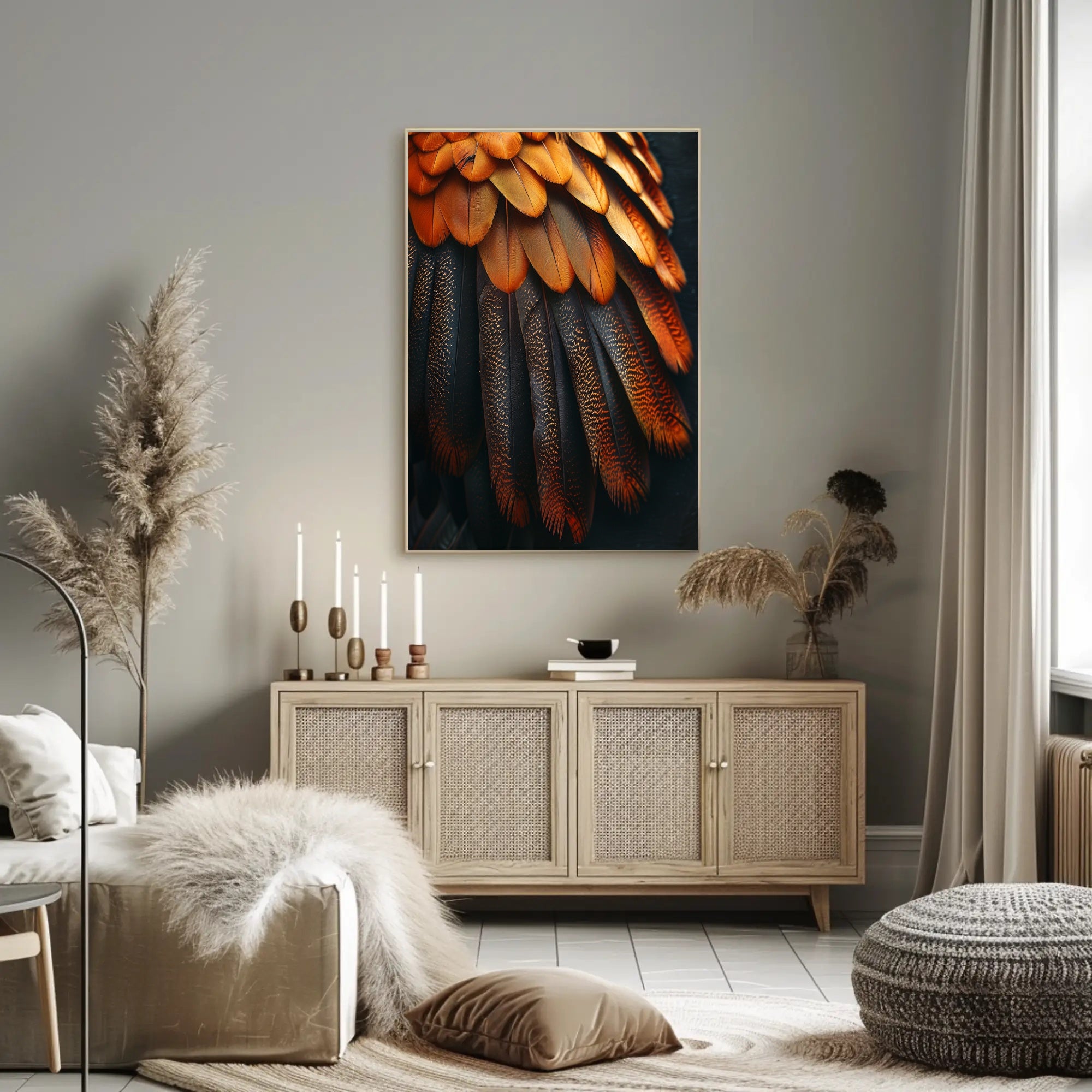 Vibrant Bird Feather Art: Orange and Black Elegance PosterGoat
