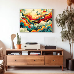 The poster features a vibrant and dynamic abstract illustration depicting an airplane soaring Travel Poster