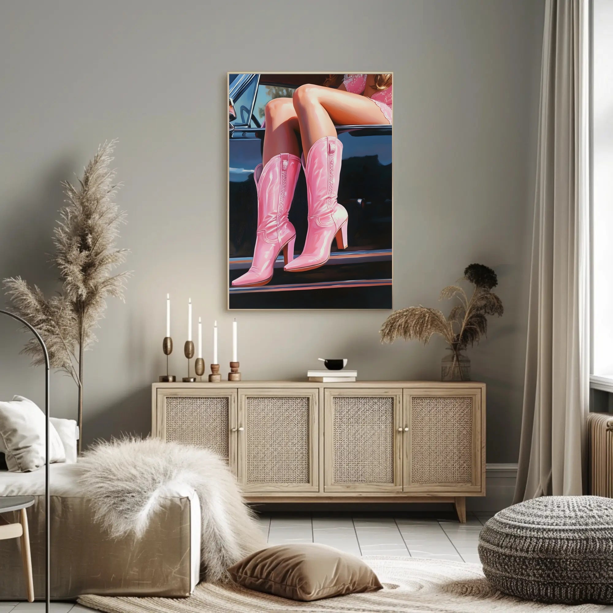 Pink Boots And Classic Car Poster Vintage Wall Art