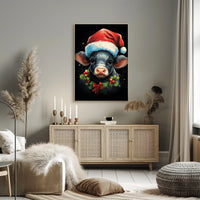 Festive Calf Christmas Poster with Santa Hat