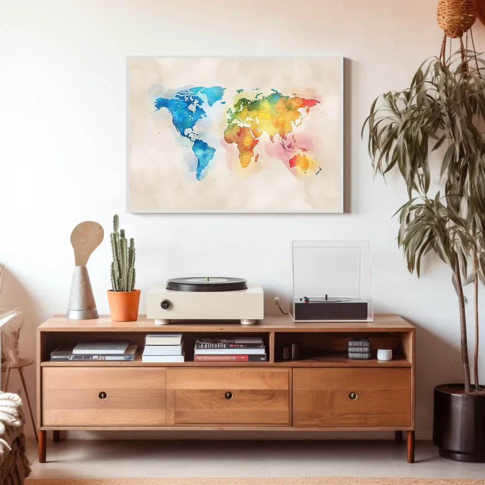 Vibrant Watercolor World Map Poster for Art Lovers