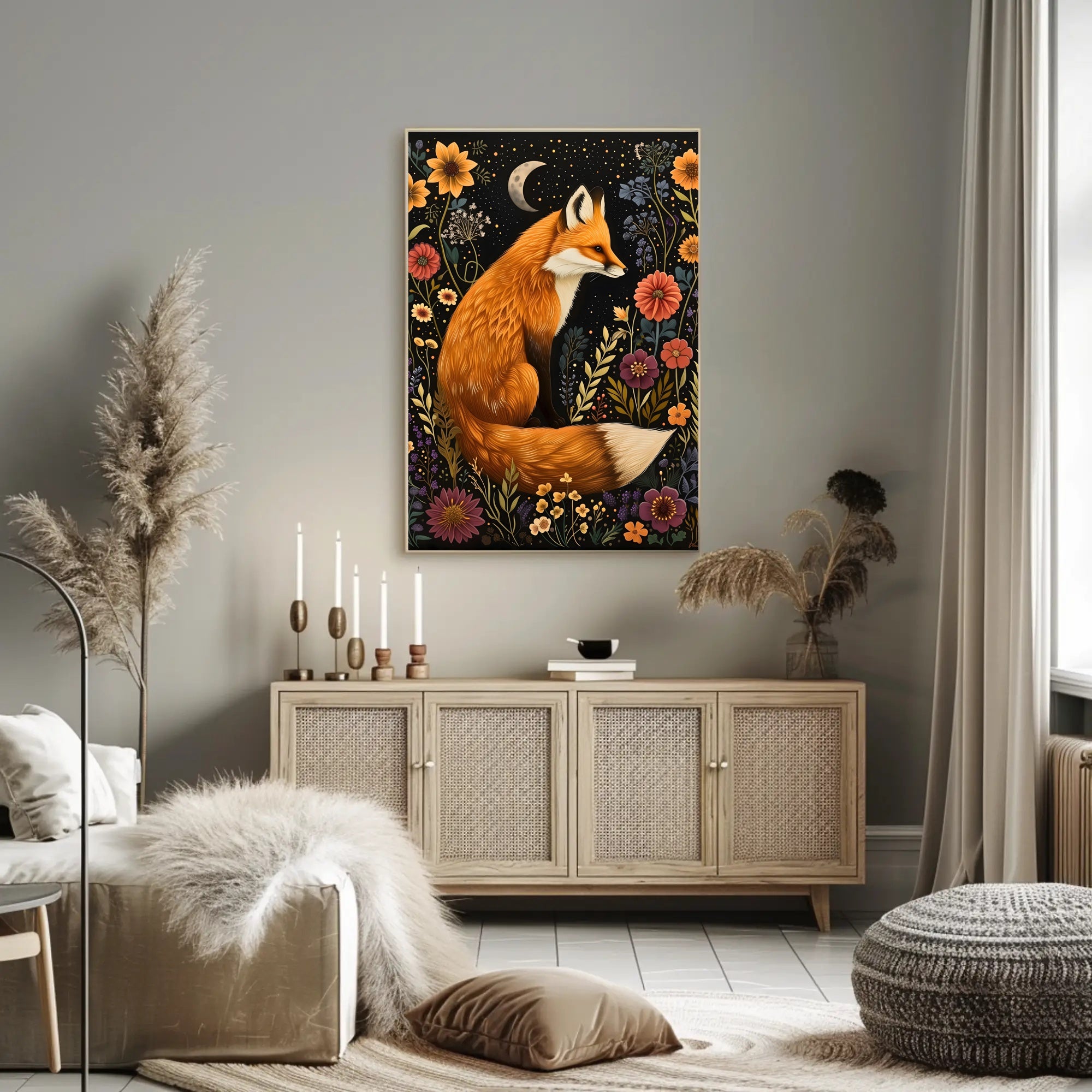 Whimsical Fox and Flora: Artistic Animal Poster